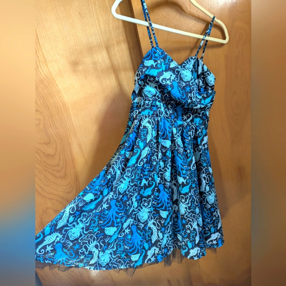Adorable blue & black sea creatures cocktail dress sz S (Banjo & Cake)
